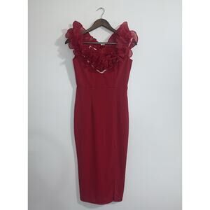 LAN Red Off Shoulder Ruffled Sleeveless Midi Slit Cocktail Evening Party Dress